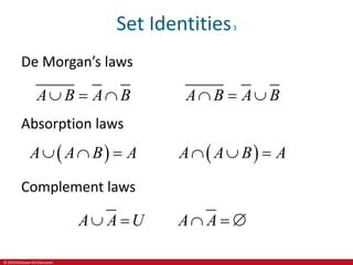 © 2019 McGraw-Hill Education
Set Identities3
De Morgan’s laws
A B A B A B A B
     
Absorption laws
   
A A B A A A B A
     
Complement laws
A A U A A
    
 