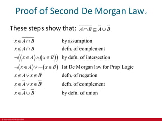 © 2019 McGraw-Hill Education
Proof of Second De Morgan Law2
These steps show that: A B A B
  
   
 
   
by assumption
defn. of complement
by defn. of intersection
1st De Morgan law for Prop Logic
defn. of negation
defn. of complement
by defn. of union
x A B
x A B
x A x B
x A x B
x A x B
x A x B
x A B
 
 
   
    
  
  
 
 