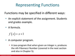© 2019 McGraw-Hill Education
Representing Functions
Functions may be specified in different ways:
• An explicit statement of the assignment. Students
and grades example.
• A formula.
  1
f x x
 
• A computer program.
• A Java program that when given an integer n, produces
the nth Fibonacci Number (covered in the next section
and also in Chapter 5).
 
