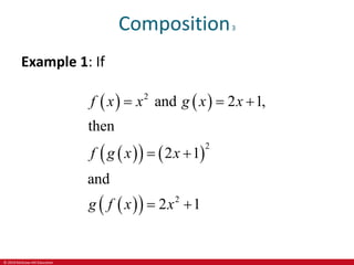© 2019 McGraw-Hill Education
Composition3
Example 1: If
   
 
   
 
 
2
2
2
and 2 1,
then
2 1
and
2 1
f x x g x x
f g x x
g f x x
  
 
 
 