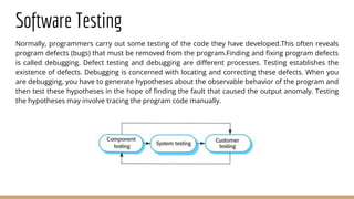 Normally, programmers carry out some testing of the code they have developed.This often reveals
program defects (bugs) that must be removed from the program.Finding and fixing program defects
is called debugging. Defect testing and debugging are different processes. Testing establishes the
existence of defects. Debugging is concerned with locating and correcting these defects. When you
are debugging, you have to generate hypotheses about the observable behavior of the program and
then test these hypotheses in the hope of finding the fault that caused the output anomaly. Testing
the hypotheses may involve tracing the program code manually.
Software Testing
 