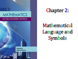 Mathematical
Language and
Symbols
Chapter 2:
GEC 1
Prepared by:
Polane S. Gumiran
 