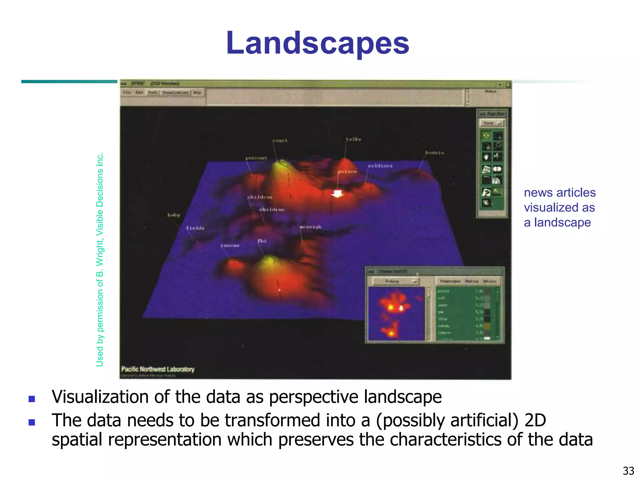 33
news articles
visualized as
a landscape
Used
by
permission
of
B.
Wright,
Visible
Decisions
Inc.
Landscapes
 Visualization of the data as perspective landscape
 The data needs to be transformed into a (possibly artificial) 2D
spatial representation which preserves the characteristics of the data
 