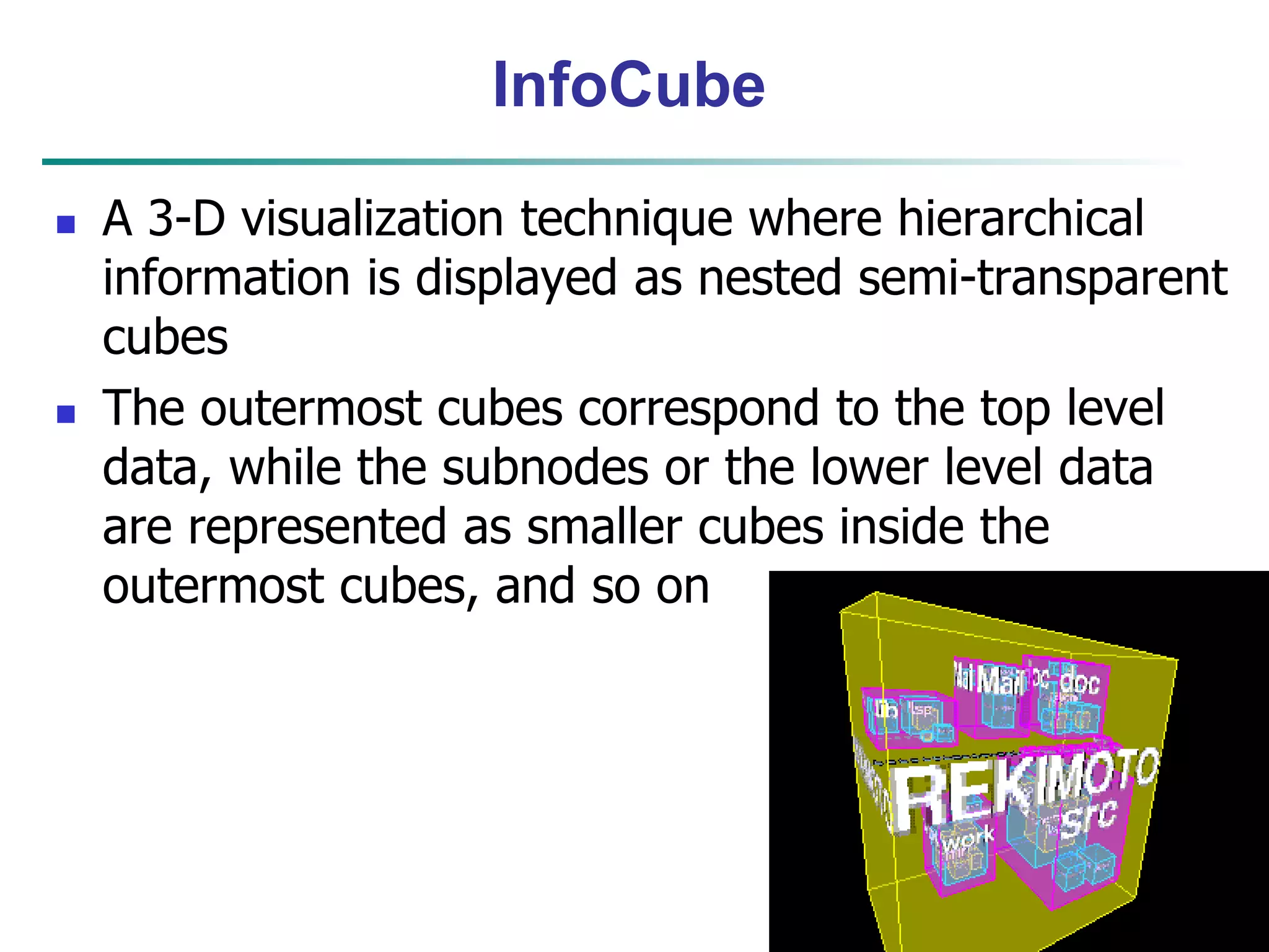 45
InfoCube
 A 3-D visualization technique where hierarchical
information is displayed as nested semi-transparent
cubes
 The outermost cubes correspond to the top level
data, while the subnodes or the lower level data
are represented as smaller cubes inside the
outermost cubes, and so on
 
