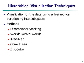 39
Hierarchical Visualization Techniques
 Visualization of the data using a hierarchical
partitioning into subspaces
 Methods
 Dimensional Stacking
 Worlds-within-Worlds
 Tree-Map
 Cone Trees
 InfoCube
 
