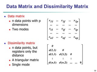 50
Data Matrix and Dissimilarity Matrix
 Data matrix
 n data points with p
dimensions
 Two modes
 Dissimilarity matrix
 n data points, but
registers only the
distance
 A triangular matrix
 Single mode


















np
x
...
nf
x
...
n1
x
...
...
...
...
...
ip
x
...
if
x
...
i1
x
...
...
...
...
...
1p
x
...
1f
x
...
11
x
















0
...
)
2
,
(
)
1
,
(
:
:
:
)
2
,
3
(
)
...
n
d
n
d
0
d
d(3,1
0
d(2,1)
0
 