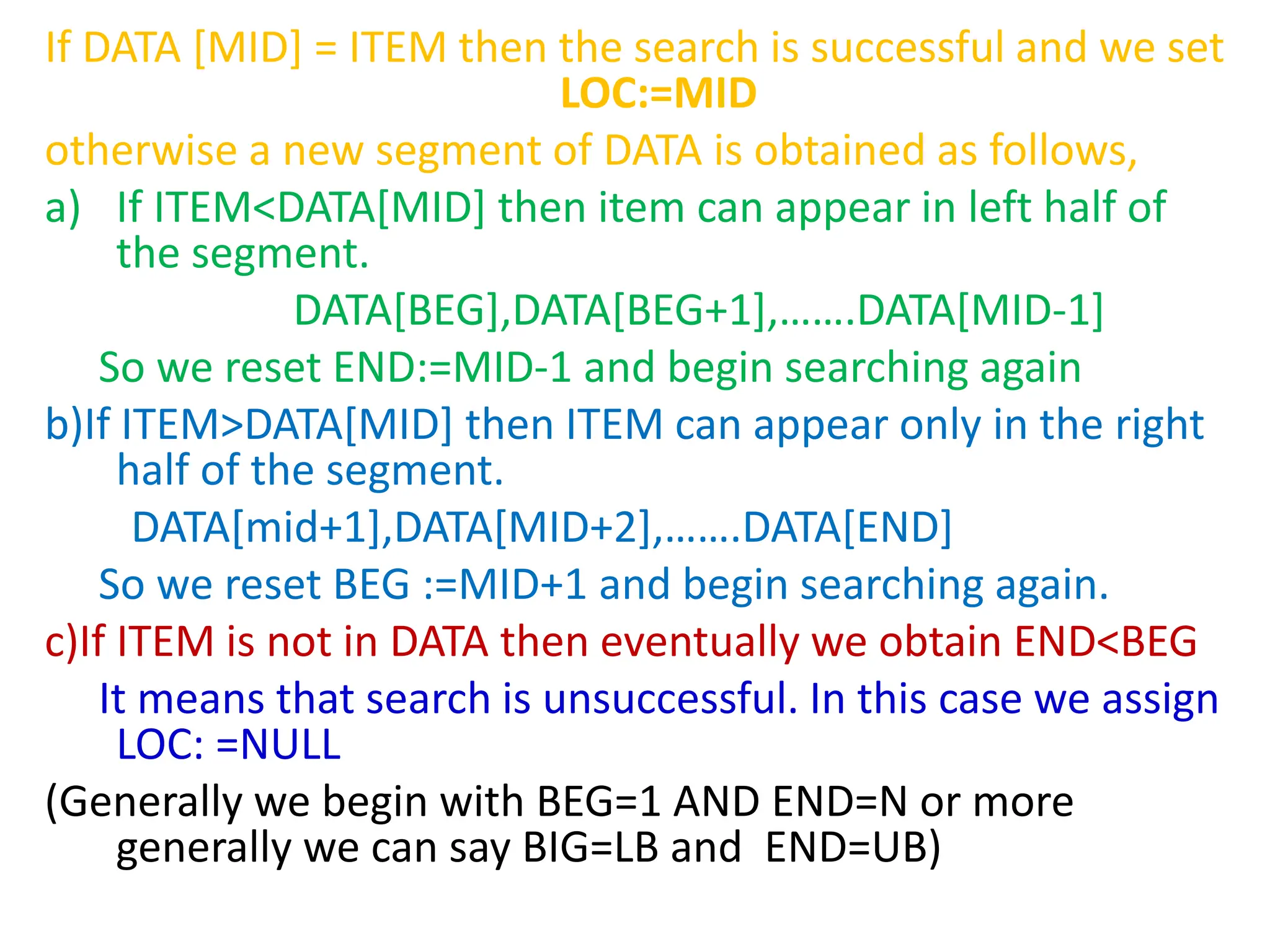 If DATA [MID] = ITEM then the search is successful and we set
LOC:=MID
otherwise a new segment of DATA is obtained as follows,
a) If ITEM<DATA[MID] then item can appear in left half of
the segment.
DATA[BEG],DATA[BEG+1],…….DATA[MID-1]
So we reset END:=MID-1 and begin searching again
b)If ITEM>DATA[MID] then ITEM can appear only in the right
half of the segment.
DATA[mid+1],DATA[MID+2],…….DATA[END]
So we reset BEG :=MID+1 and begin searching again.
c)If ITEM is not in DATA then eventually we obtain END<BEG
It means that search is unsuccessful. In this case we assign
LOC: =NULL
(Generally we begin with BEG=1 AND END=N or more
generally we can say BIG=LB and END=UB)
 