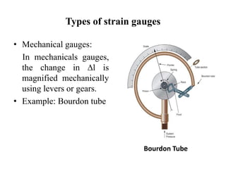 Types of strain gauges
• Mechanical gauges:
In mechanicals gauges,
the change in ∆l is
magnified mechanically
using levers or gears.
• Example: Bourdon tube
Bourdon Tube
 