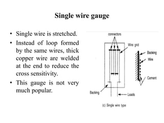 Single wire gauge
• Single wire is stretched.
• Instead of loop formed
by the same wires, thick
copper wire are welded
at the end to reduce the
cross sensitivity.
• This gauge is not very
much popular.
 