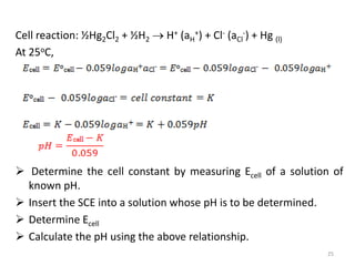 Cell reaction: ½Hg2Cl2 + ½H2  H+ (aH
+) + Cl- (aCl
-) + Hg (l)
At 25oC,
 Determine the cell constant by measuring Ecell of a solution of
known pH.
 Insert the SCE into a solution whose pH is to be determined.
 Determine Ecell
 Calculate the pH using the above relationship.
25
 