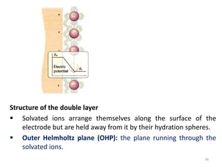 Structure of the double layer
 Solvated ions arrange themselves along the surface of the
electrode but are held away from it by their hydration spheres.
 Outer Helmholtz plane (OHP): the plane running through the
solvated ions.
36
 