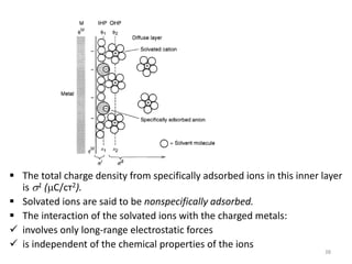  The total charge density from specifically adsorbed ions in this inner layer
is 1 (С/ст2).
 Solvated ions are said to be nonspecifically adsorbed.
 The interaction of the solvated ions with the charged metals:
 involves only long-range electrostatic forces
 is independent of the chemical properties of the ions
38
 