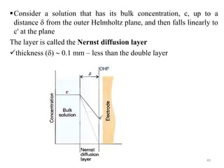 Consider a solution that has its bulk concentration, c, up to a
distance  from the outer Helmholtz plane, and then falls linearly to
c' at the plane
The layer is called the Nernst diffusion layer
thickness ()  0.1 mm – less than the double layer
49
 