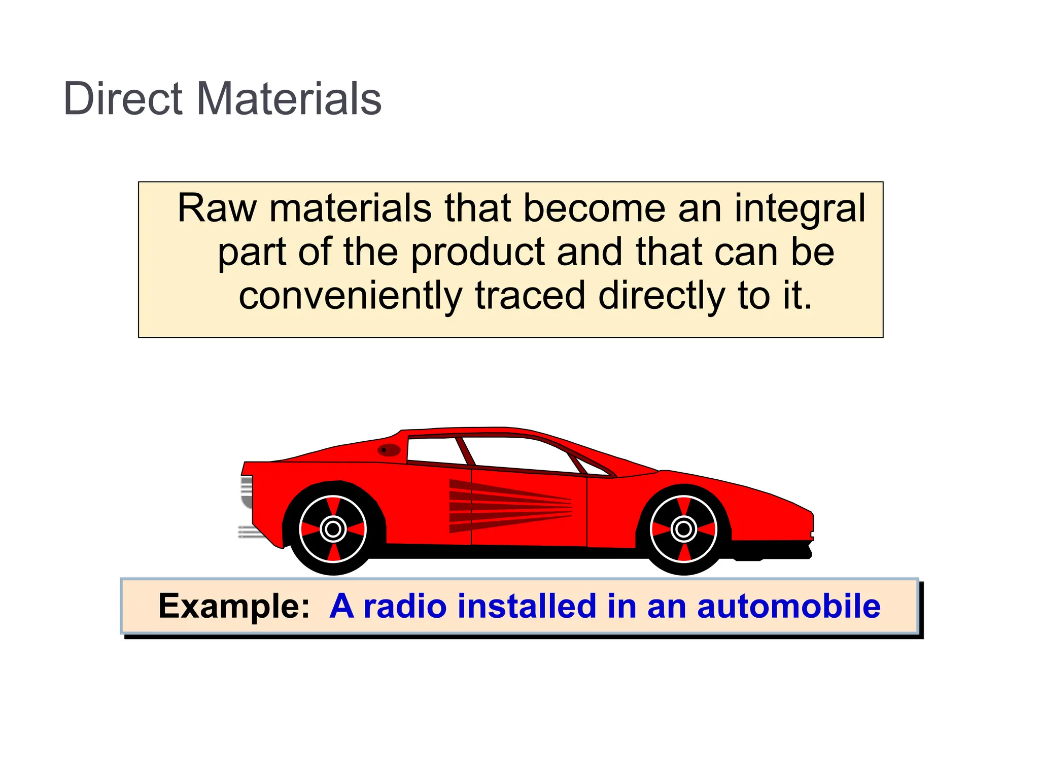 Direct Materials
Raw materials that become an integral
part of the product and that can be
conveniently traced directly to it.
Example: A radio installed in an automobile
 