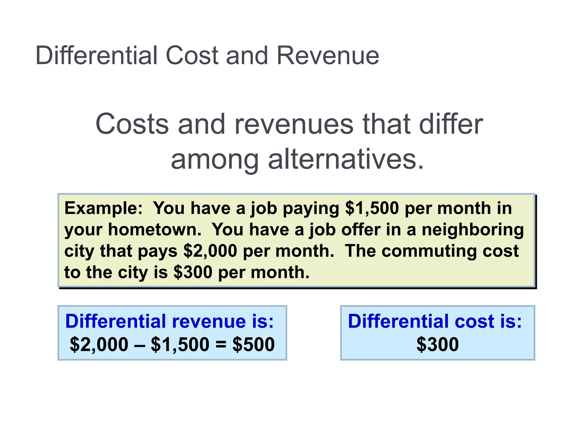 Differential Cost and Revenue
Costs and revenues that differ
among alternatives.
Example: You have a job paying $1,500 per month in
your hometown. You have a job offer in a neighboring
city that pays $2,000 per month. The commuting cost
to the city is $300 per month.
Differential revenue is:
$2,000 – $1,500 = $500
Differential cost is:
$300
 