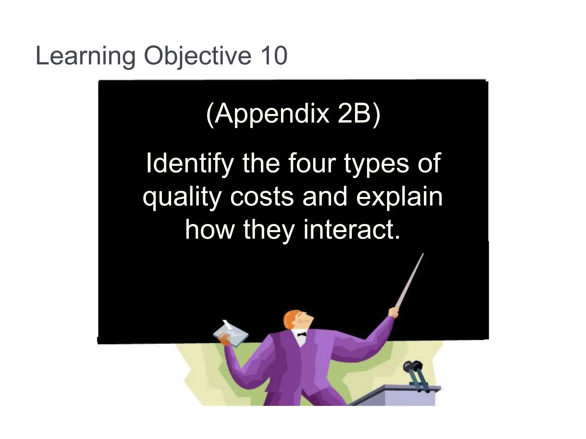 Learning Objective 10
(Appendix 2B)
Identify the four types of
quality costs and explain
how they interact.
 
