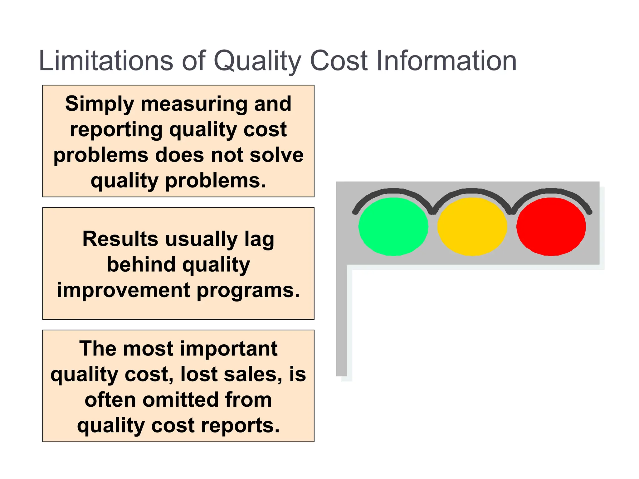 Limitations of Quality Cost Information
Simply measuring and
reporting quality cost
problems does not solve
quality problems.
Results usually lag
behind quality
improvement programs.
The most important
quality cost, lost sales, is
often omitted from
quality cost reports.
 