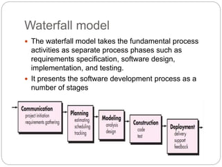 Waterfall model
Fundamentals of software engineering
 The waterfall model takes the fundamental process
activities as separate process phases such as
requirements specification, software design,
implementation, and testing.
 It presents the software development process as a
number of stages
 