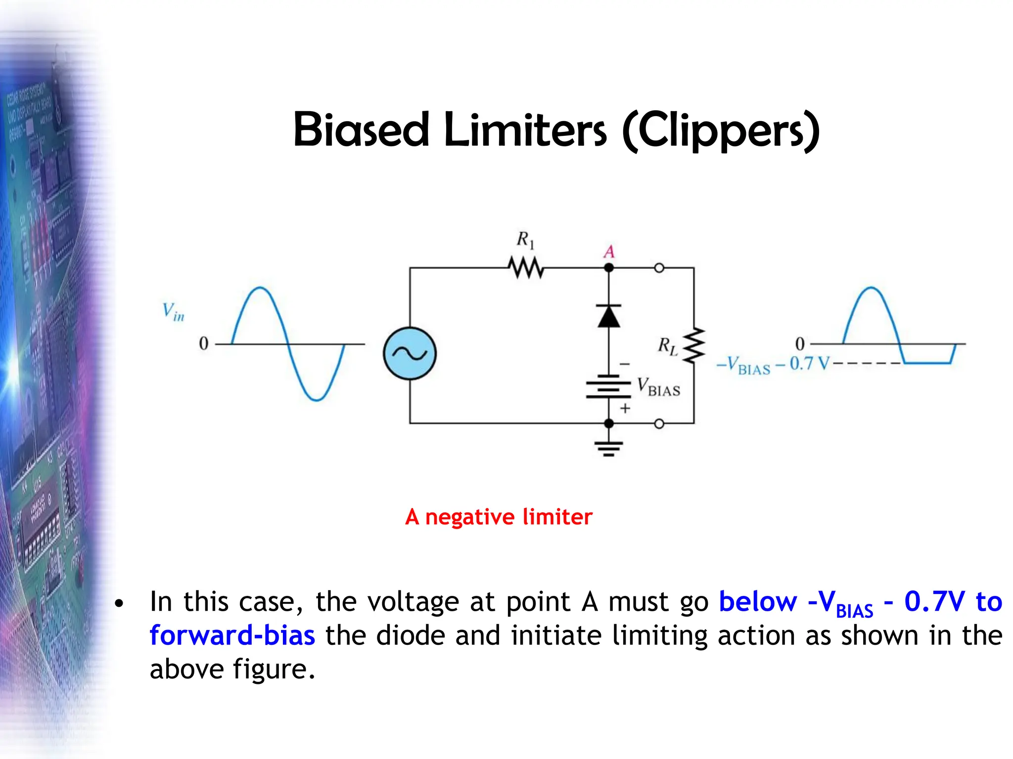Biased Limiters (Clippers)
• In this case, the voltage at point A must go below –VBIAS – 0.7V to
forward-bias the diode and initiate limiting action as shown in the
above figure.
A negative limiter
 