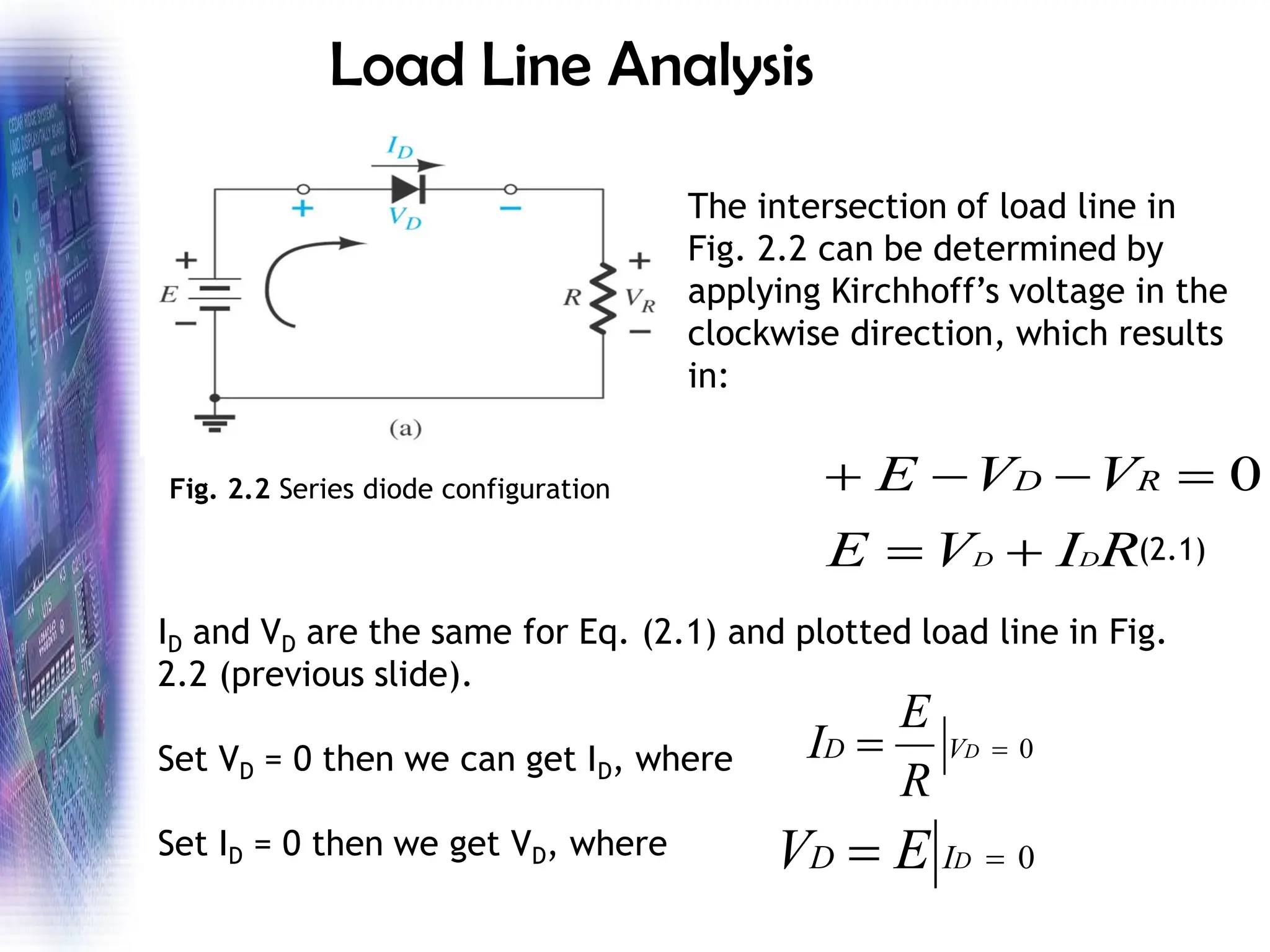 Load Line Analysis
R
I
V
E
V
V
E
D
D
R
D
+
=
=
−
−
+ 0
The intersection of load line in
Fig. 2.2 can be determined by
applying Kirchhoff’s voltage in the
clockwise direction, which results
in:
ID and VD are the same for Eq. (2.1) and plotted load line in Fig.
2.2 (previous slide).
Set VD = 0 then we can get ID, where
Set ID = 0 then we get VD, where
0
=
= D
V
D
R
E
I
0
=
= D
I
D E
V
Fig. 2.2 Series diode configuration
(2.1)
 