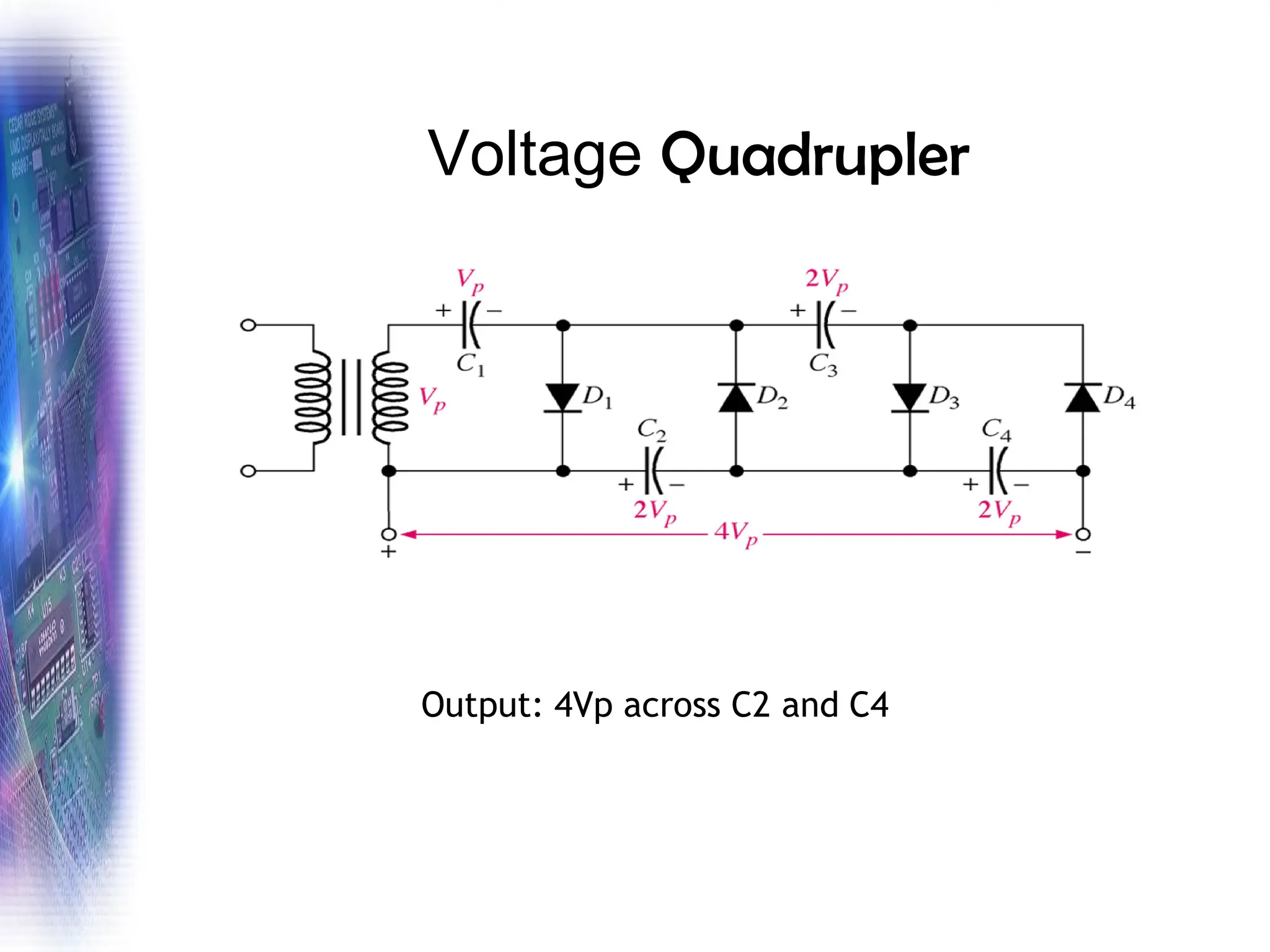 Voltage Quadrupler
Output: 4Vp across C2 and C4
 