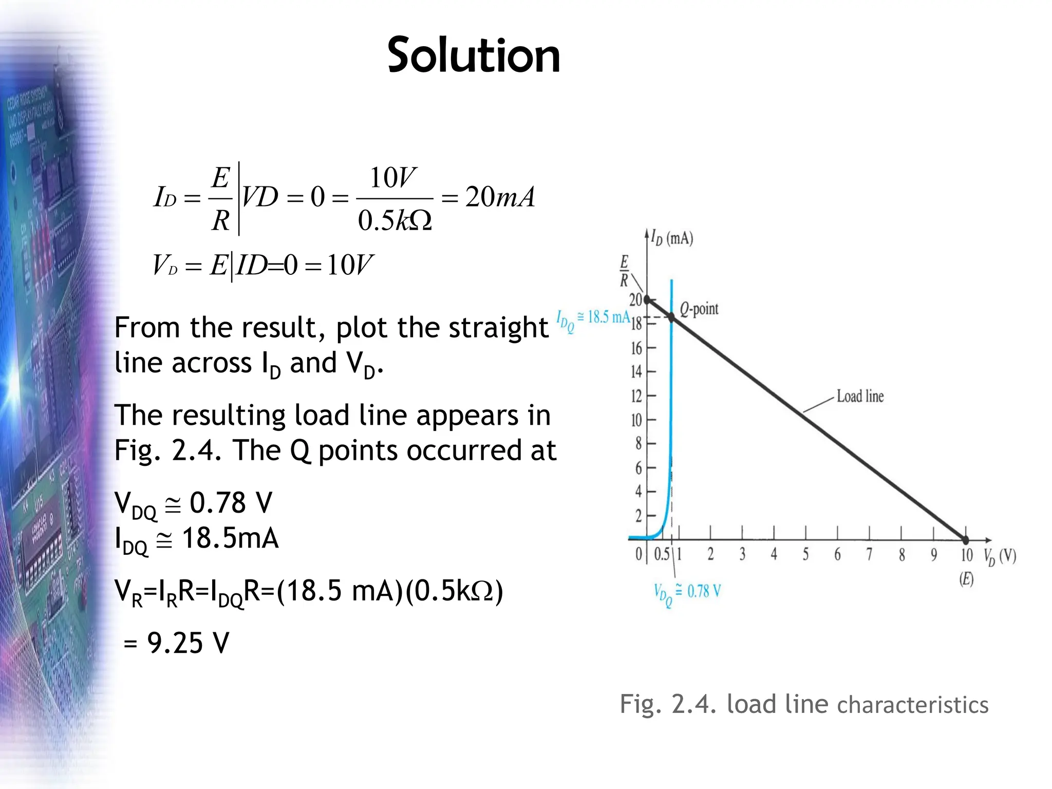 Solution
V
ID
E
V
mA
k
V
VD
R
E
I
D
D
10
0
20
5
.
0
10
0
=
=
=
=

=
=
=
From the result, plot the straight
line across ID and VD.
The resulting load line appears in
Fig. 2.4. The Q points occurred at
VDQ  0.78 V
IDQ  18.5mA
VR=IRR=IDQR=(18.5 mA)(0.5k)
= 9.25 V
Fig. 2.4. load line characteristics
 