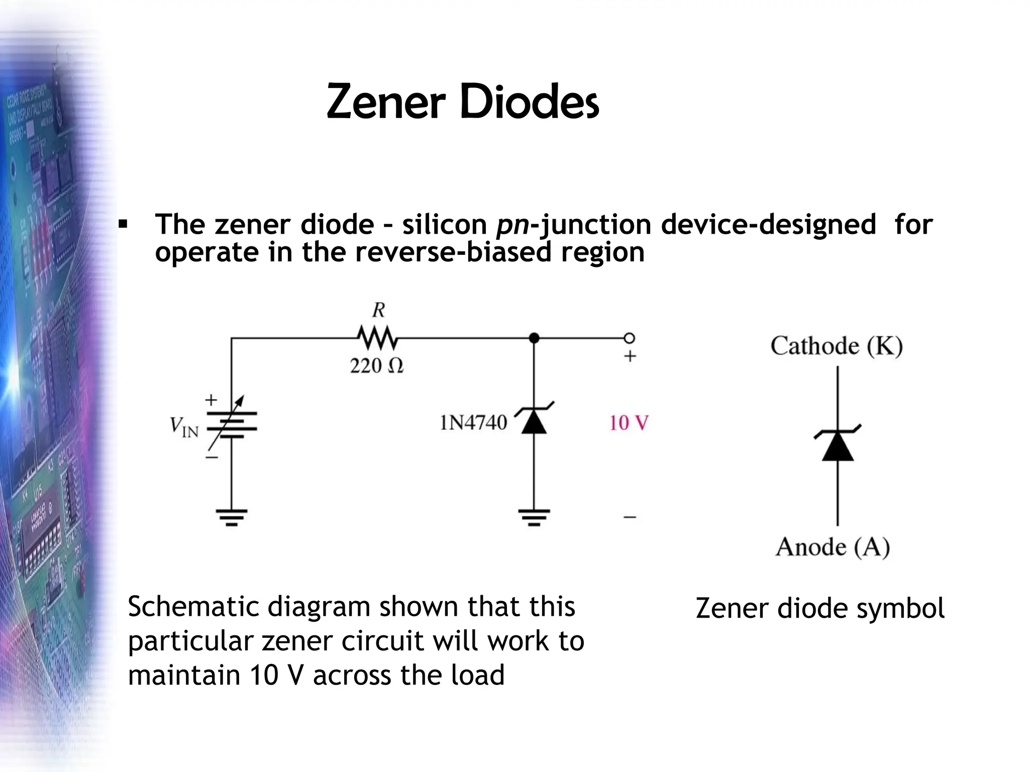 Zener Diodes
▪ The zener diode – silicon pn-junction device-designed for
operate in the reverse-biased region
Schematic diagram shown that this
particular zener circuit will work to
maintain 10 V across the load
Zener diode symbol
 