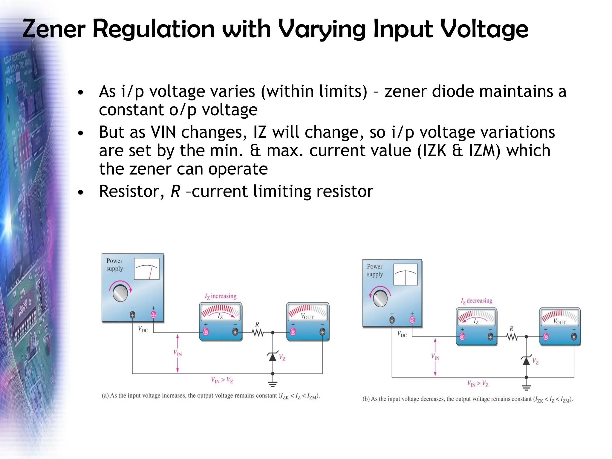 Zener Regulation with Varying Input Voltage
• As i/p voltage varies (within limits) – zener diode maintains a
constant o/p voltage
• But as VIN changes, IZ will change, so i/p voltage variations
are set by the min. & max. current value (IZK & IZM) which
the zener can operate
• Resistor, R –current limiting resistor
 