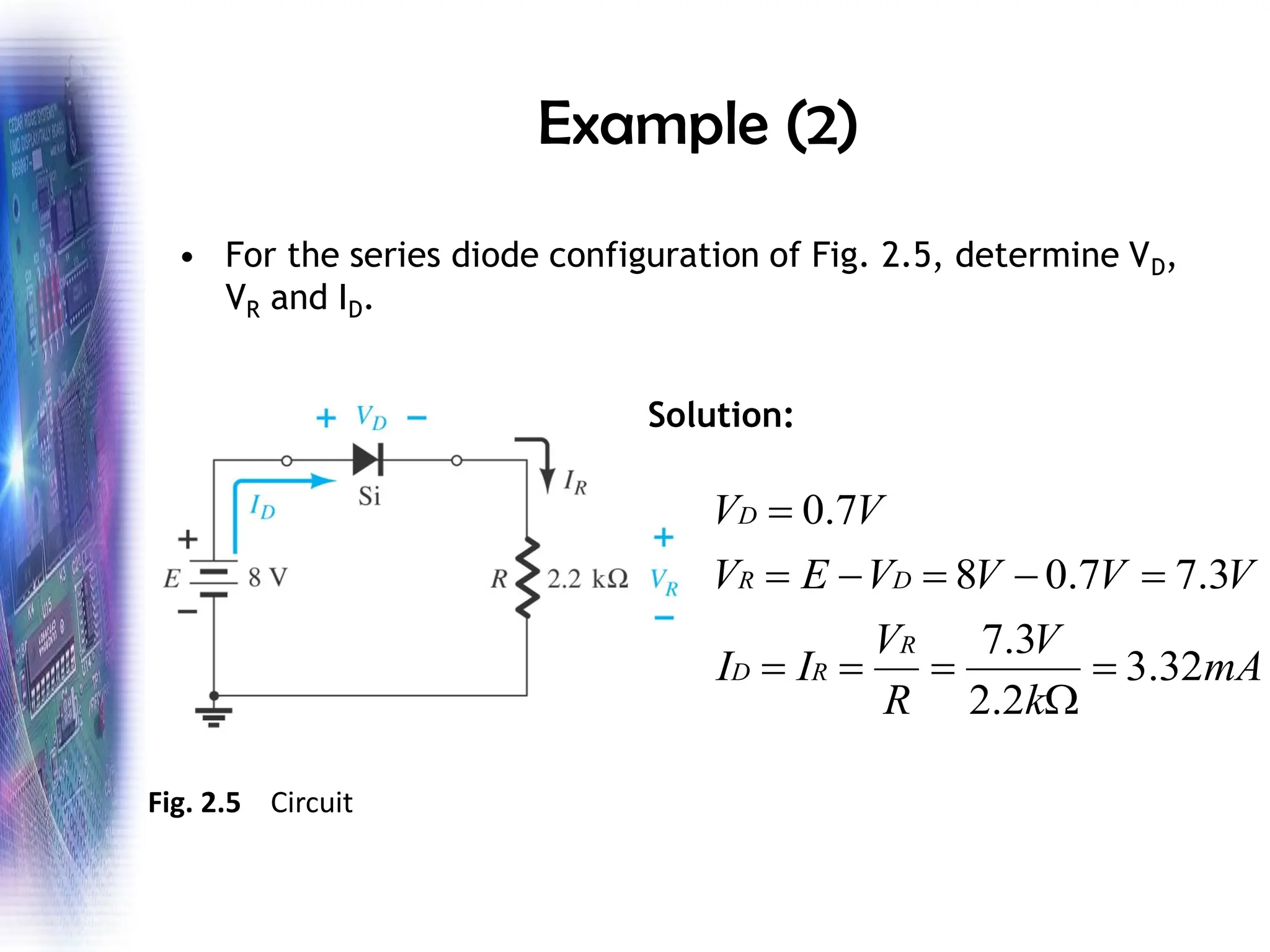Example (2)
• For the series diode configuration of Fig. 2.5, determine VD,
VR and ID.
mA
k
V
R
V
I
I
V
V
V
V
E
V
V
V
R
R
D
D
R
D
32
.
3
2
.
2
3
.
7
3
.
7
7
.
0
8
7
.
0
=

=
=
=
=
−
=
−
=
=
Solution:
Fig. 2.5 Circuit
 