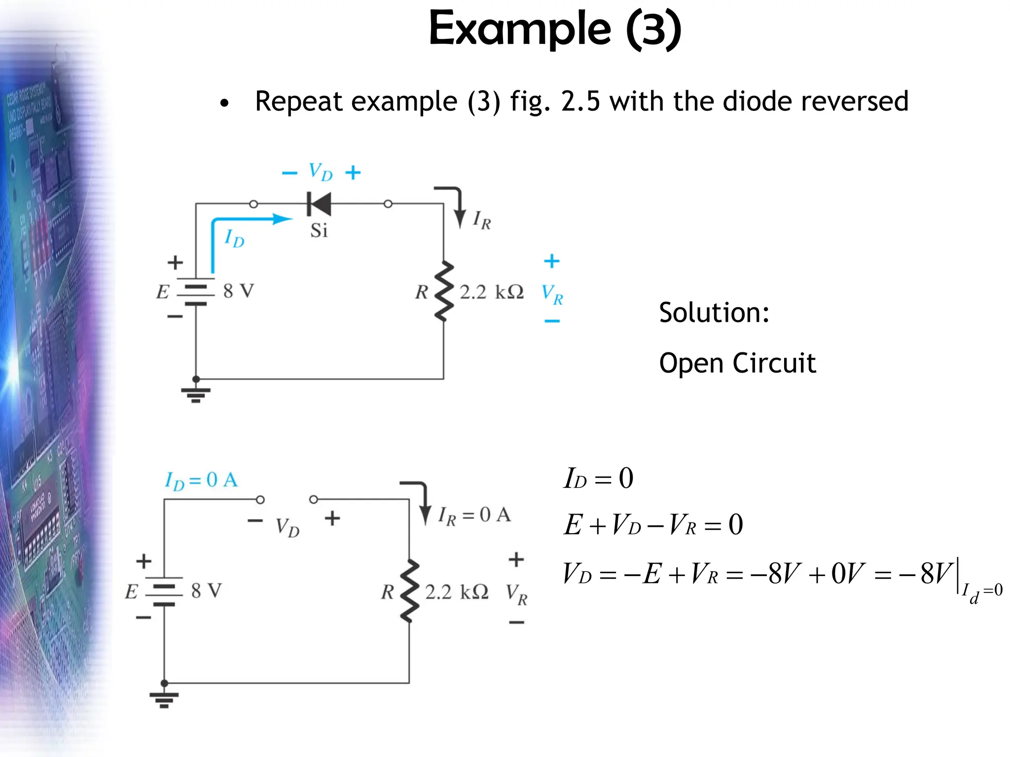 Example (3)
• Repeat example (3) fig. 2.5 with the diode reversed
0
8
0
8
0
0
=
−
=
+
−
=
+
−
=
=
−
+
=
d
I
R
D
R
D
D
V
V
V
V
E
V
V
V
E
I
Solution:
Open Circuit
 