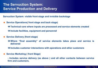 Slide © 2010 by Lovelock & Wirtz Services Marketing 7/e Chapter 2 – Page 25
The Servuction System:
Service Production and Delivery
Servuction System: visible front stage and invisible backstage
 Service Operations( front stage and back stage)
 Technical core where inputs are processed and service elements created
 Include facilities, equipment and personnel
 Service Delivery (front stage)
 Where “final assembly” of service elements takes place and service is
delivered
 Includes customer interactions with operations and other customers
 Service Marketing ( front Stage)
- Includes service delivery (as above ) and all other contacts between service
firm and customers.
 