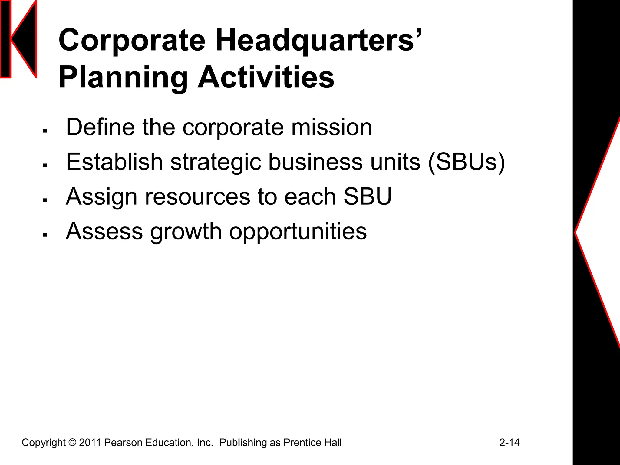 Corporate Headquarters’
Planning Activities
 Define the corporate mission
 Establish strategic business units (SBUs)
 Assign resources to each SBU
 Assess growth opportunities
Copyright © 2011 Pearson Education, Inc. Publishing as Prentice Hall 2-14
 