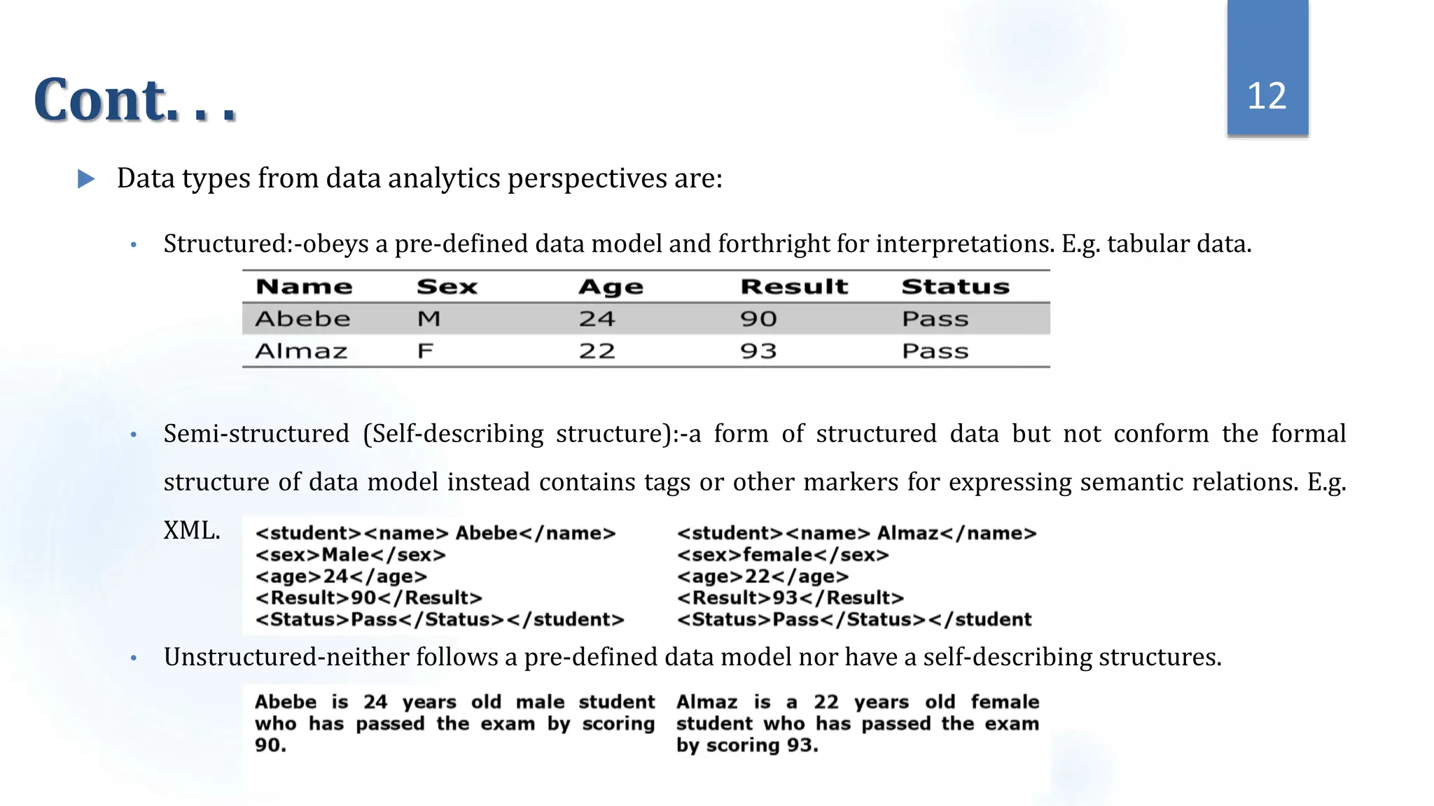 Cont. . .
 Data types from data analytics perspectives are:
• Structured:-obeys a pre-defined data model and forthright for interpretations. E.g. tabular data.
• Semi-structured (Self-describing structure):-a form of structured data but not conform the formal
structure of data model instead contains tags or other markers for expressing semantic relations. E.g.
XML.
• Unstructured-neither follows a pre-defined data model nor have a self-describing structures.
12
 