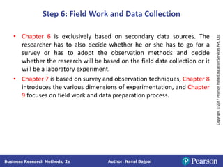 Author: Naval Bajpai
Business Research Methods, 2e
Copyright
©
2017
Pearson
India
Education
Services
Pvt.
Ltd
Step 6: Field Work and Data Collection
• Chapter 6 is exclusively based on secondary data sources. The
researcher has to also decide whether he or she has to go for a
survey or has to adopt the observation methods and decide
whether the research will be based on the field data collection or it
will be a laboratory experiment.
• Chapter 7 is based on survey and observation techniques, Chapter 8
introduces the various dimensions of experimentation, and Chapter
9 focuses on field work and data preparation process.
 