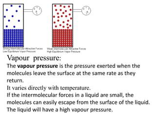 Vapour pressure:
The vapour pressure is the pressure exerted when the
molecules leave the surface at the same rate as they
return.
It varies directly with temperature.
If the intermolecular forces in a liquid are small, the
molecules can easily escape from the surface of the liquid.
The liquid will have a high vapour pressure.
 