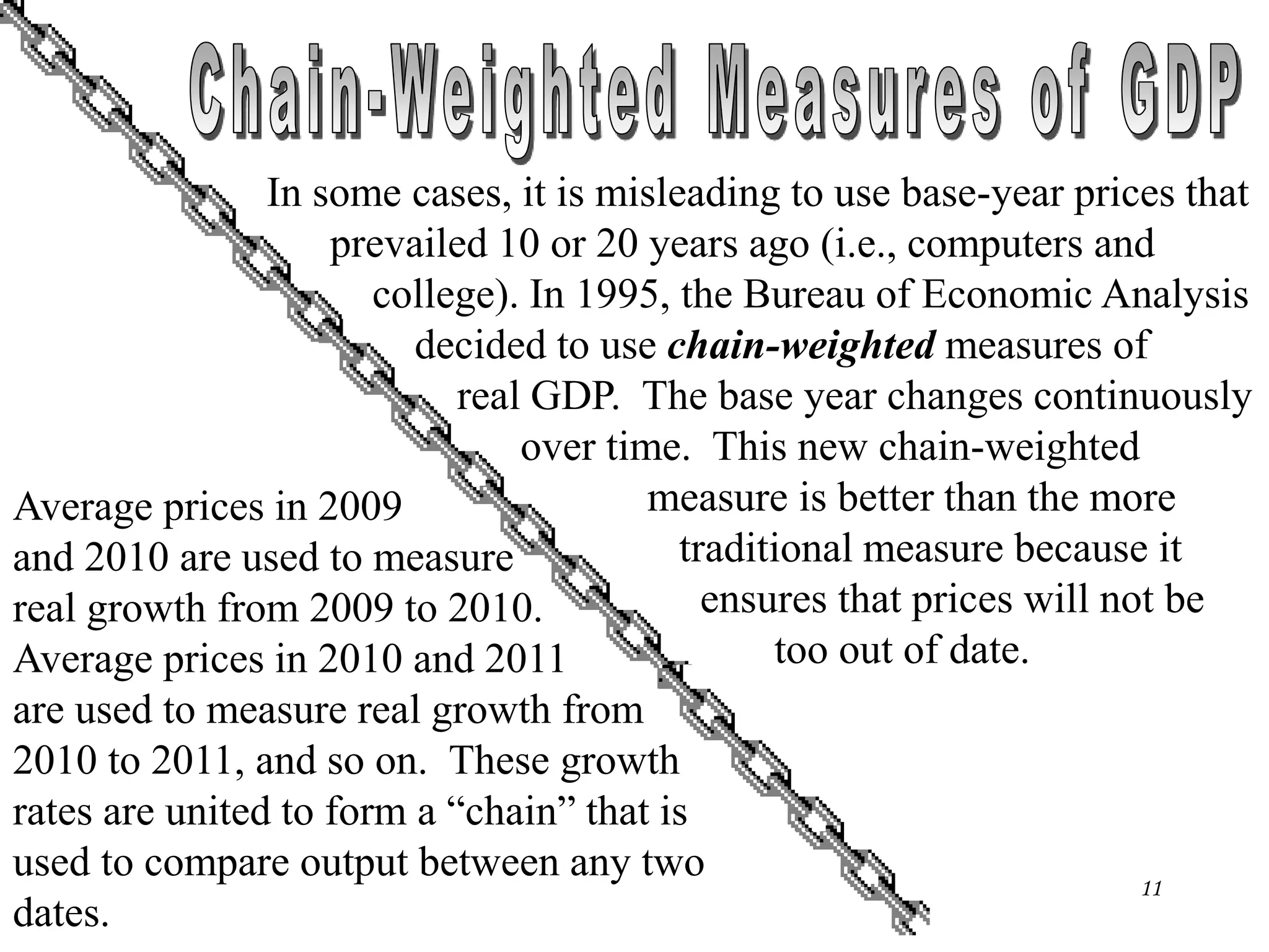 Chapter Two 11
In some cases, it is misleading to use base-year prices that
prevailed 10 or 20 years ago (i.e., computers and
college). In 1995, the Bureau of Economic Analysis
decided to use chain-weighted measures of
real GDP. The base year changes continuously
over time. This new chain-weighted
measure is better than the more
traditional measure because it
ensures that prices will not be
too out of date.
Average prices in 2009
and 2010 are used to measure
real growth from 2009 to 2010.
Average prices in 2010 and 2011
are used to measure real growth from
2010 to 2011, and so on. These growth
rates are united to form a “chain” that is
used to compare output between any two
dates.
 