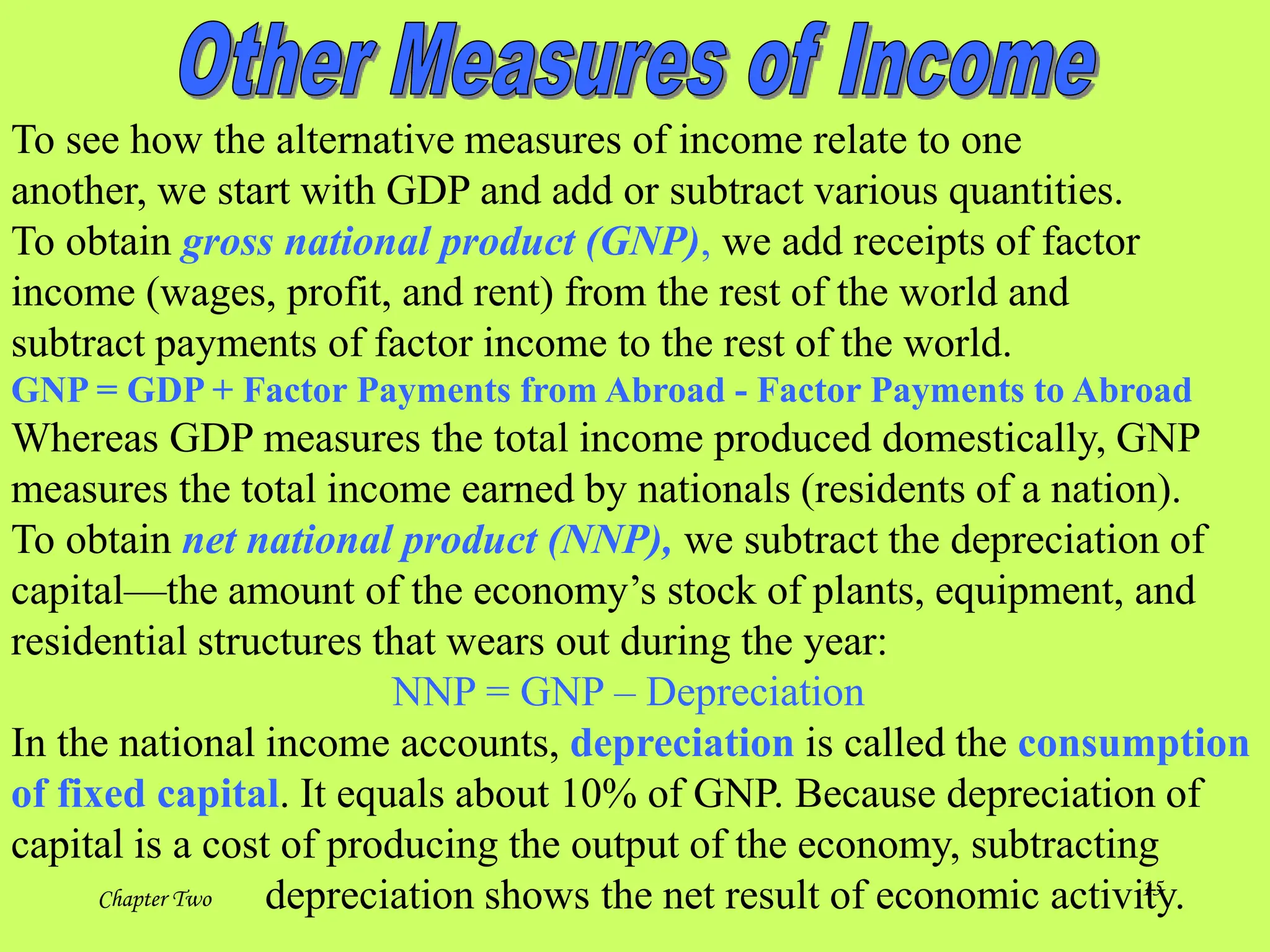 Chapter Two 15
To see how the alternative measures of income relate to one
another, we start with GDP and add or subtract various quantities.
To obtain gross national product (GNP), we add receipts of factor
income (wages, profit, and rent) from the rest of the world and
subtract payments of factor income to the rest of the world.
GNP = GDP + Factor Payments from Abroad - Factor Payments to Abroad
Whereas GDP measures the total income produced domestically, GNP
measures the total income earned by nationals (residents of a nation).
To obtain net national product (NNP), we subtract the depreciation of
capital—the amount of the economy’s stock of plants, equipment, and
residential structures that wears out during the year:
NNP = GNP – Depreciation
In the national income accounts, depreciation is called the consumption
of fixed capital. It equals about 10% of GNP. Because depreciation of
capital is a cost of producing the output of the economy, subtracting
depreciation shows the net result of economic activity.
 