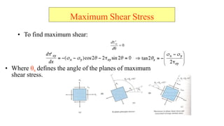 Maximum Shear Stress
? To find maximum shear:
? Where ?s defines the angle of the planes of maximum
shear stress.
? 0
d??
d?
xy
 