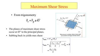 ? From trigonometry
? The planes of maximum shear stress
occur at 45 to the principal planes.
? Subbing back in yields max shear:
Maximum Shear Stress
 