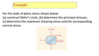 Example
For the state of plane stress shown below
(a) construct Mohrs circle, (b) determine the principal stresses,
(c) determine the maximum shearing stress and the corresponding
normal stress.
 