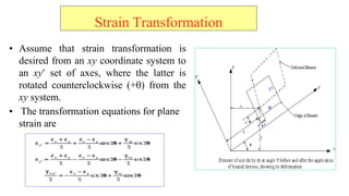 Strain Transformation
? Assume that strain transformation is
desired from an xy coordinate system to
an xy? set of axes, where the latter is
rotated counterclockwise (+?) from the
xy system.
? The transformation equations for plane
strain are
 