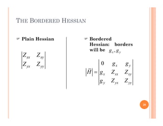 THE BORDERED HESSIAN
 Plain Hessian
xx xy
Z Z
Z Z 0 g g
 Bordered
Hessian: borders
will be ,
x y
g g
yx yy
Z Z 0 x y
x xx xy
y yx yy
g g
H g Z Z
g Z Z

20
 