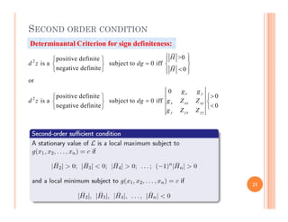 SECOND ORDER CONDITION
Determinantal Criterion for sign definiteness:
2
2
>0
positive definite
is a subject to 0 iff
negative definite 0
or
0
positive definite 0
is a subject to 0 iff
negative definite 0
x y
x xx xy
y yx yy
H
d z dg
H
g g
d z dg g Z Z
g Z Z
 
   

   

   
 

  

  

  
y yx yy
g Z Z
21
 