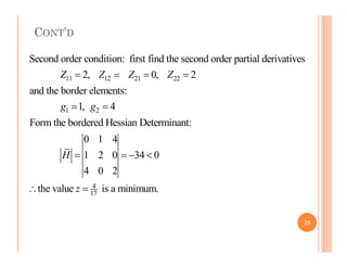 CONT’D
11 12 21 22
1 2
Second order condition: first find the second order partial derivatives
2, 0, 2
and the border elements:
1, 4
Form the bordered Hessian Determinant:
0 1 4
Z Z Z Z
g g
   
 
4
17
0 1 4
1 2 0 34 0
4 0 2
the value i
H
z
   
  s a minimum.
25
 