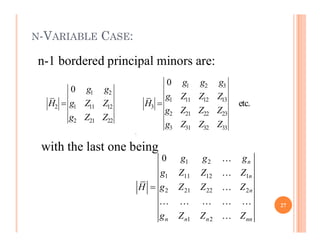 N-VARIABLE CASE:
n-1 bordered principal minors are:
1 2 3
1 2
1 11 12 13
2 1 11 12 3
2 21 22 23
2 21 22
0
0
etc.
g g g
g g
g Z Z Z
H g Z Z H
g Z Z Z
g Z Z
g Z Z Z
 
2 21 22
3 31 32 33
g Z Z Z
with the last one being
.
1 2
1 11 12 1
2 21 22 2
1 2
0 n
n
n
n n n nn
g g g
g Z Z Z
H g Z Z Z
g Z Z Z




    

27
 