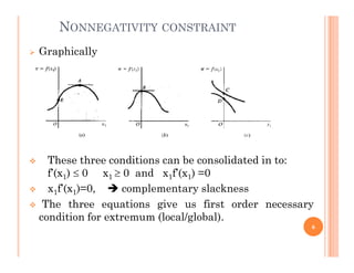 NONNEGATIVITY CONSTRAINT
 Graphically
 These three conditions can be consolidated in to:
f’(x1)  0 x1  0 and x1f’(x1) =0
 x1f’(x1)=0,  complementary slackness
 The three equations give us first order necessary
condition for extremum (local/global).
6
 