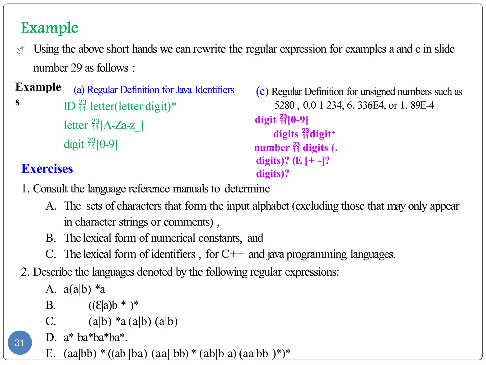  Using the above short hands we can rewrite the regular expression for examples a and c in slide
number 29 as follows :
Example
s
31
(c) Regular Definition for unsigned numbers such as
5280 , 0.0 1 234, 6. 336E4, or 1. 89E-4
digit [0-9]
digits digit+
number  digits (.
digits)? (E [+ -]?
digits)?
(a) Regular Definition for Java Identifiers
ID  letter(letter|digit)*
letter [A-Za-z_]
digit [0-9]
Exercises
1. Consult the language reference manuals to determine
A. The sets of characters that form the input alphabet (excluding those that may only appear
in character strings or comments) ,
B. Thelexical form of numerical constants, and
C. Thelexical form of identifiers , for C++ and java programming languages.
2. Describe the languages denoted by the following regular expressions:
A. a(a|b) *a
B. (( |a)b
Ɛ * )*
C. (a|b) *a (a|b) (a|b)
D. a* ba*ba*ba*.
E. (aa|bb) * ((ab |ba) (aa| bb) * (ab|b a) (aa|bb )*)*
 