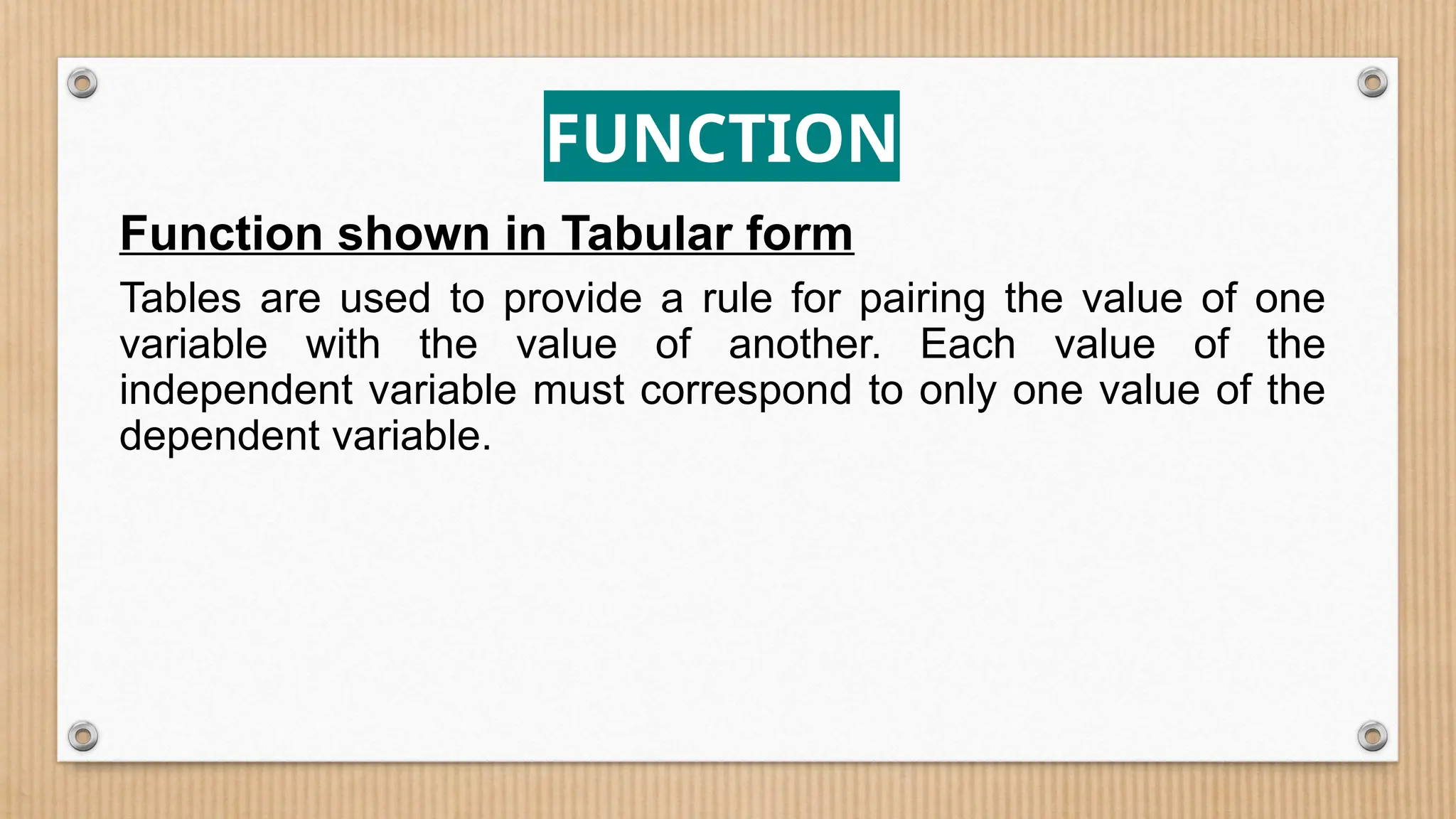 FUNCTION
Function shown in Tabular form
Tables are used to provide a rule for pairing the value of one
variable with the value of another. Each value of the
independent variable must correspond to only one value of the
dependent variable.
 