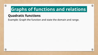 Graphs of functions and relations
Quadratic functions
Example: Graph the function and state the domain and range.
 