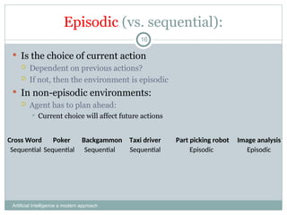 Episodic (vs. sequential):
Artificial Intelligence a modern approach
16
 Is the choice of current action
 Dependent on previous actions?
 If not, then the environment is episodic
 In non-episodic environments:
 Agent has to plan ahead:
 Current choice will affect future actions
Cross Word Backgammon Taxi driver Part picking robot
Poker Image analysis
Sequential
Sequential
Sequential
Sequential Episodic Episodic
 